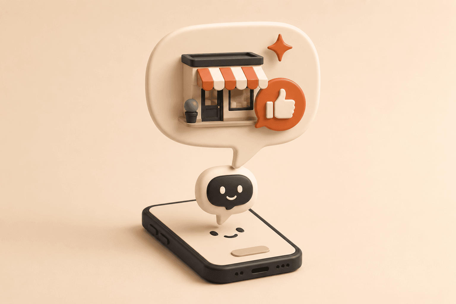 3D-smartphone met een chatbubbel waarin een winkeltje en een duim omhoog, symbool voor een AI die een lokale zaak aanbeveelt.