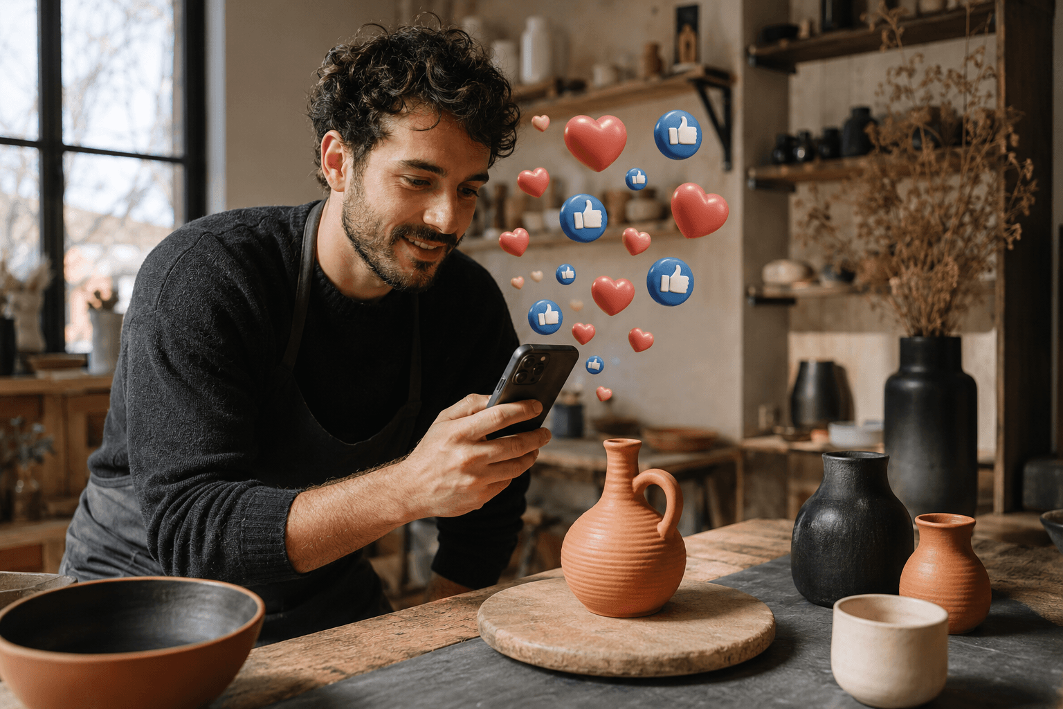 Pottenbakker filmt zijn werk met een smartphone terwijl 3D-likes en hartjes opstijgen.