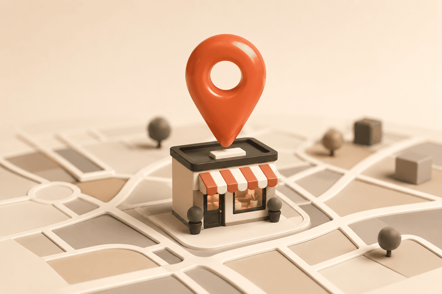 3D-winkeltje op een stadsplattegrond met een oranje kaartspeld erboven, symbool voor lokaal gevonden worden op Google.