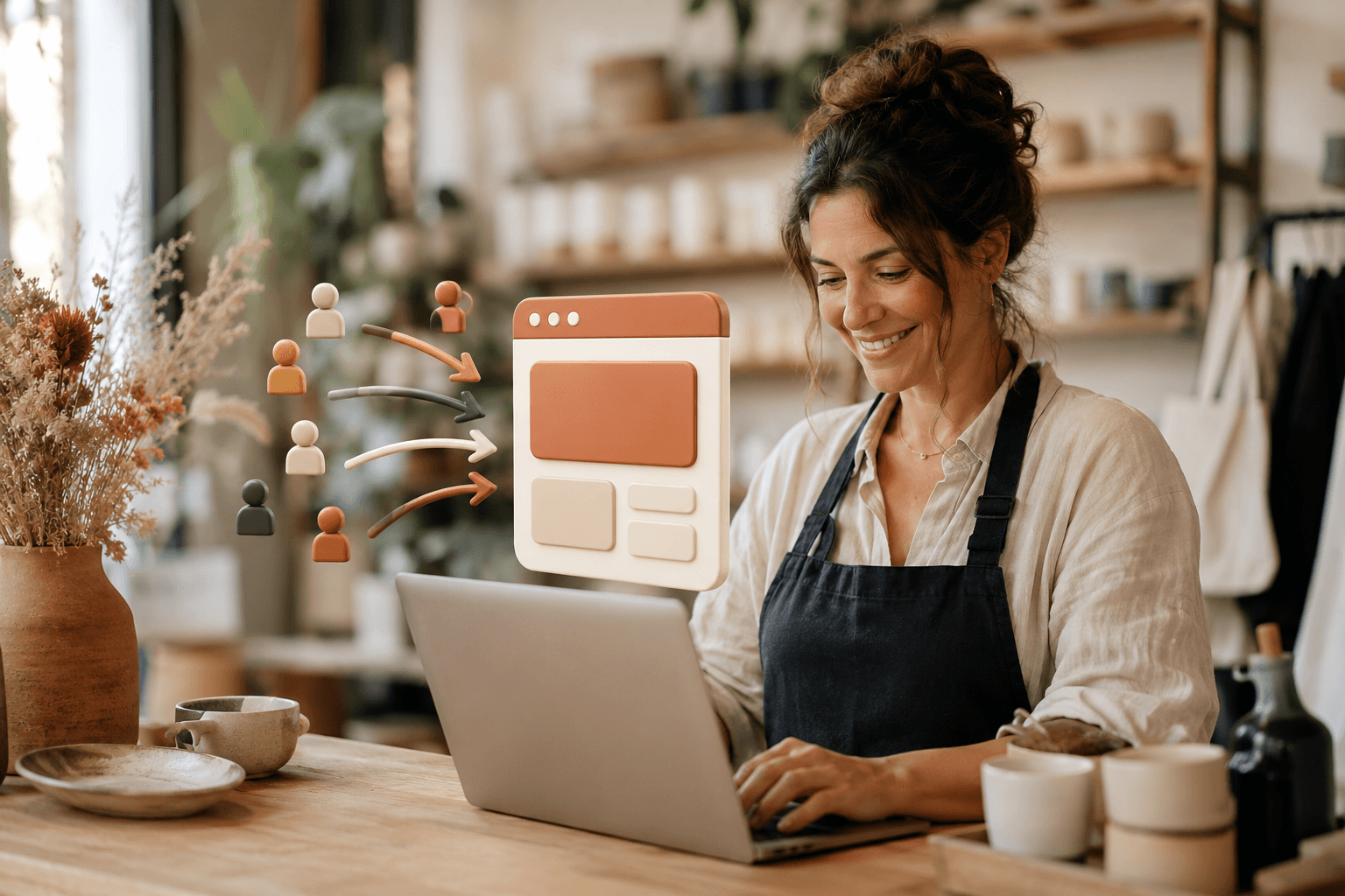 Lachende winkeleigenaar aan haar laptop terwijl 3D-figuurtjes als nieuwe klanten naar haar website stromen.