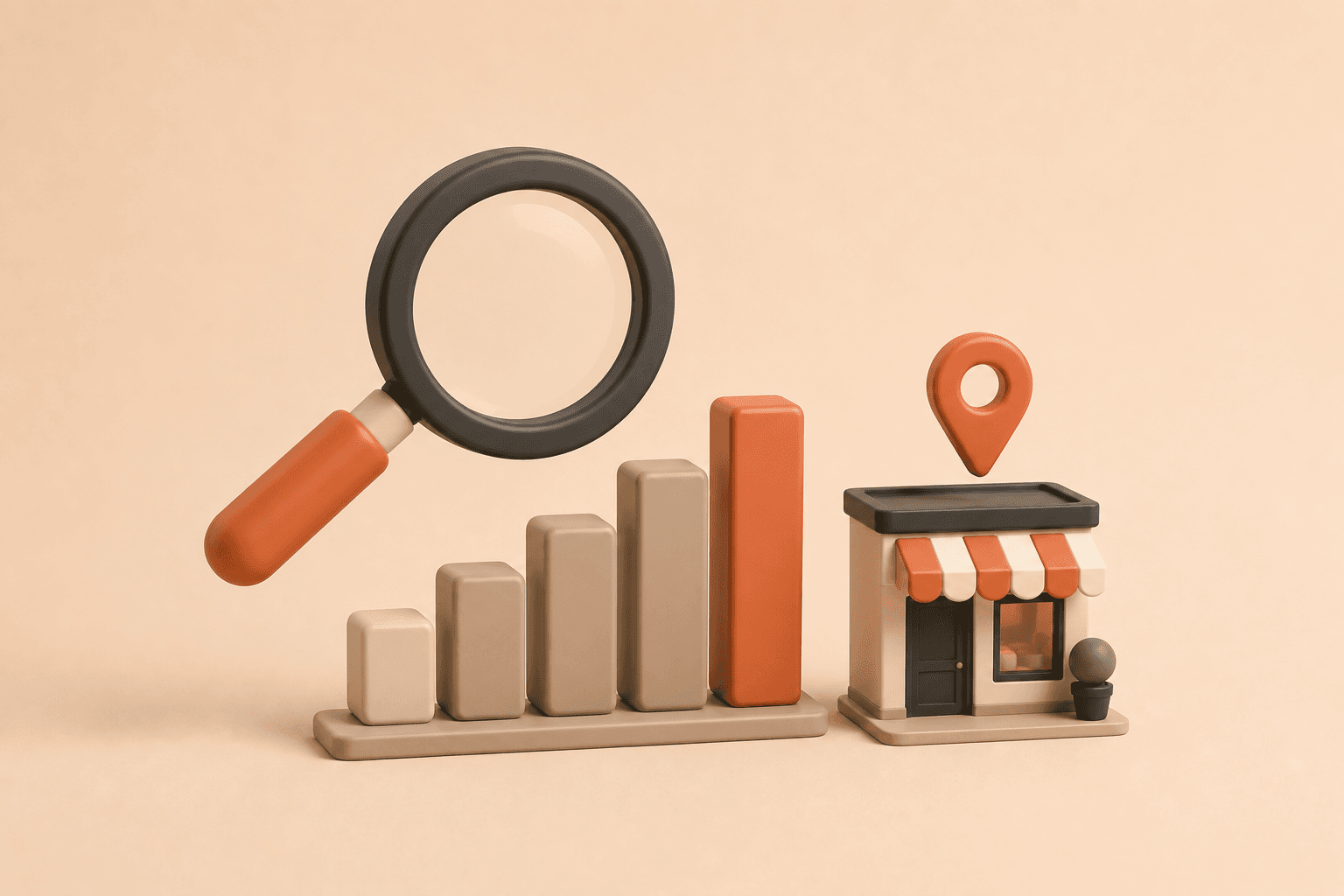 3D-vergrootglas boven oplopende balkjes naast een winkeltje met kaartspeld, symbool voor SEO.